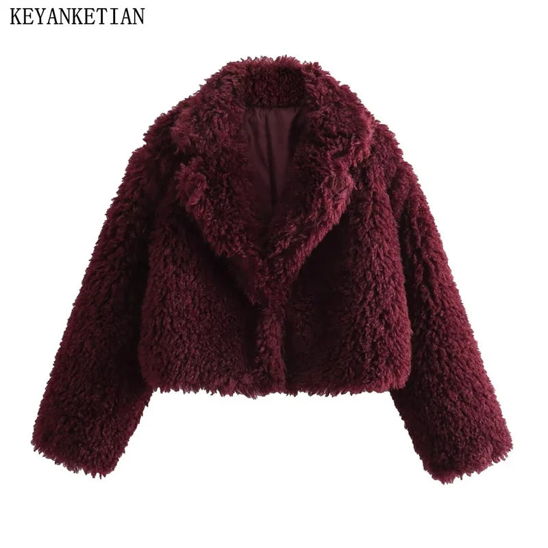 Beberino Faux Fur Short Jacket | Elegant Notched Collar Luxury Coat