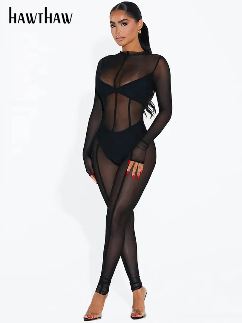 Beberino Mesh Club Wear Long Sleeve Black Jumpsuit for Women