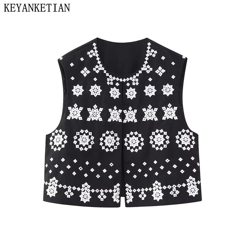 Beberino Embroidered Sleeveless Waistcoat - National Style Round Neck Blouse