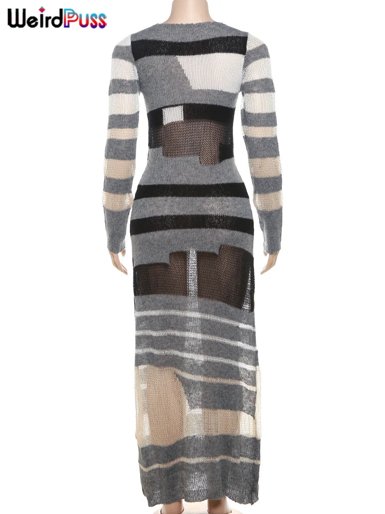 Beberino Striped Knit See Through Maxi Bodycon Dress with Long Sleeve