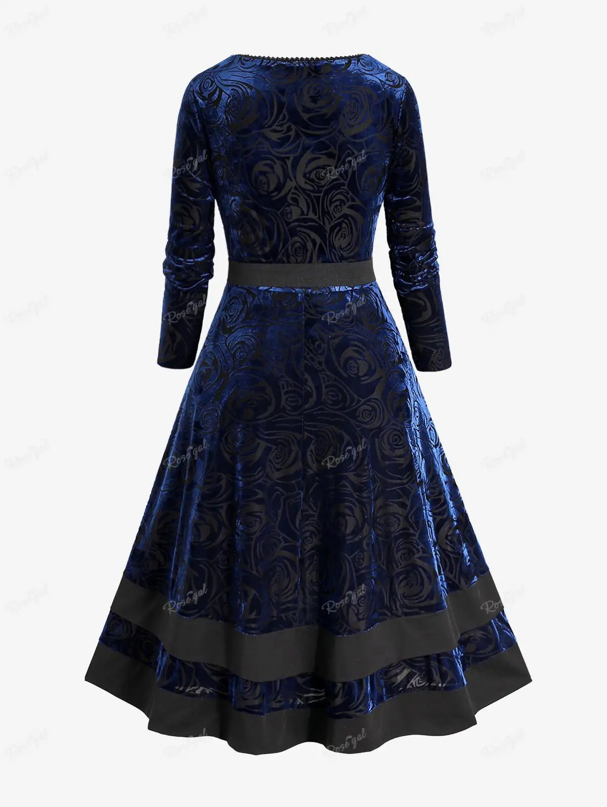 Beberino Velvet Lace Trim Floral Dress 5XL Deep Blue 2023 Autumn Winter