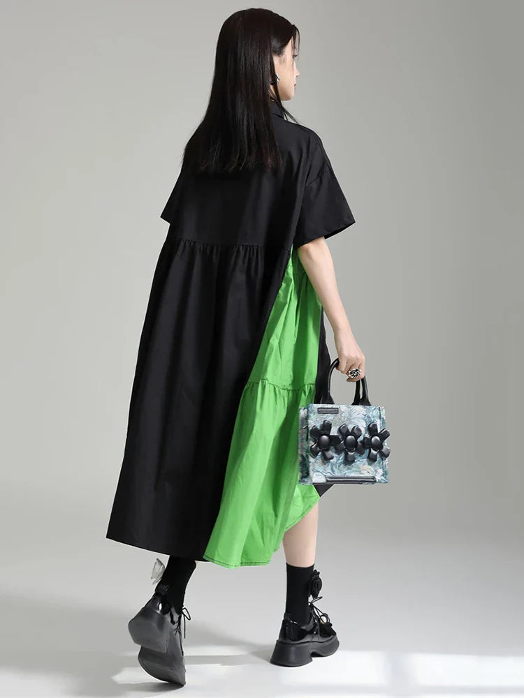 Beberino Green Color-block Pleated Shirt Dress: Short Sleeve Loose Fit Fashion