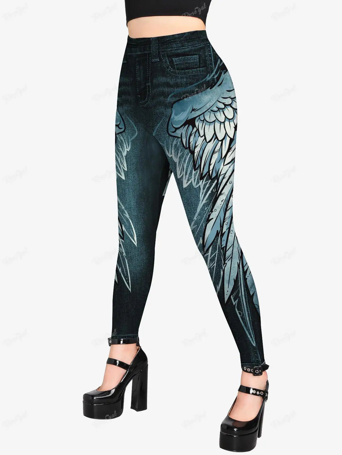 Beberino High Waist Gothic 3D Wing Leggings, Jean Print Tight Pants - 5XL