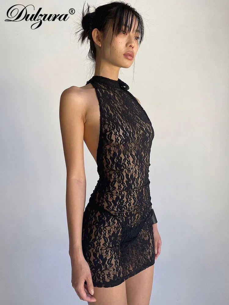 Beberino Lace Halter Backless Mini Dress Sexy Clubwear Hollow 2023 Summer Women