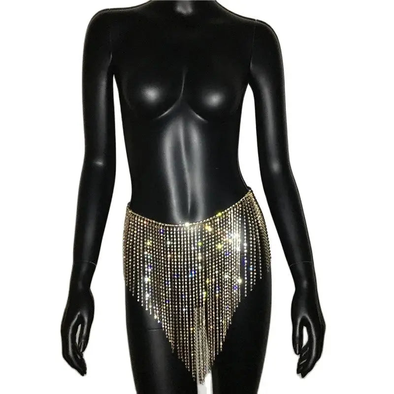 Beberino Rhinestone Tassel Chain Skirt: Super Sparkly & Sexy Nightclub Mini Skirt