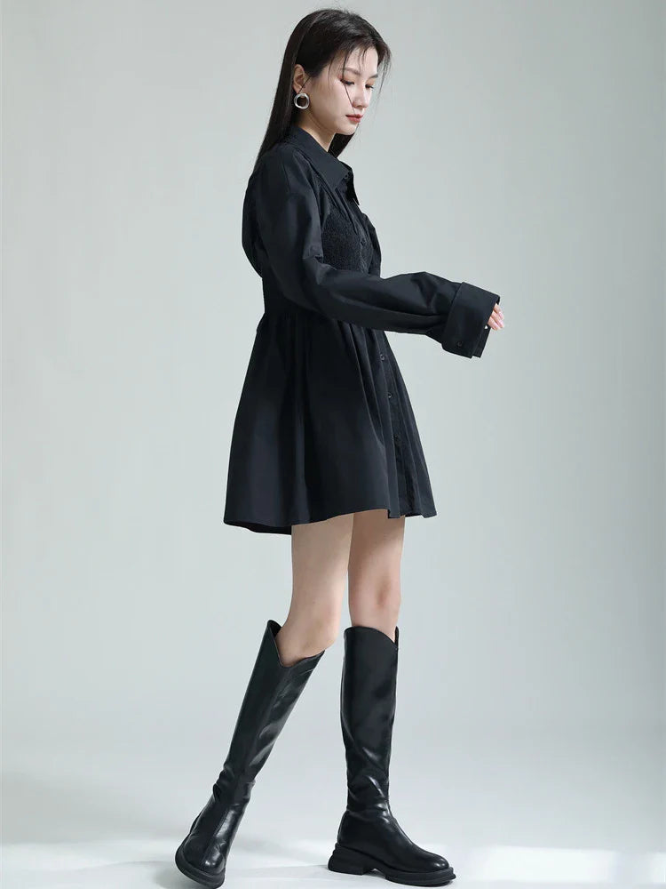 Beberino White Button Pleated A-line Dress, Long Sleeve Casual Women's Fashion for Spring/Autumn.