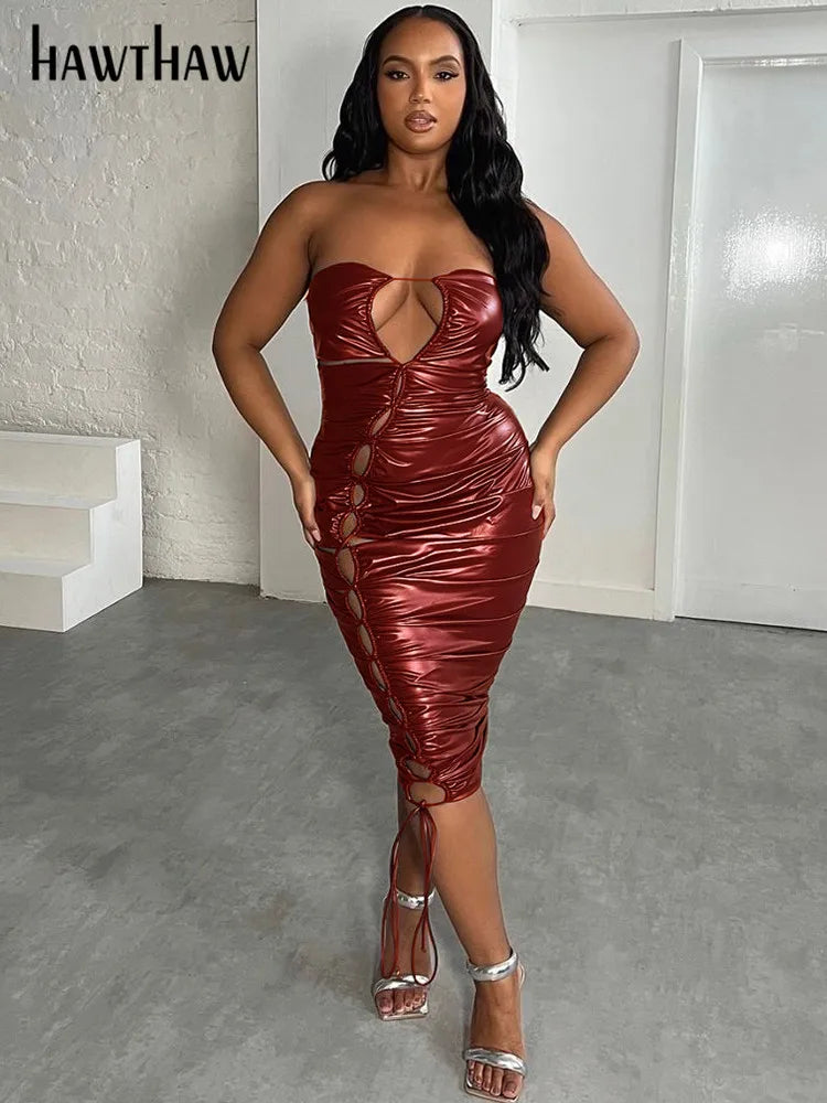 Beberino Red Bodycon Midi Dress for Women - Sexy Club Party Evening Wear