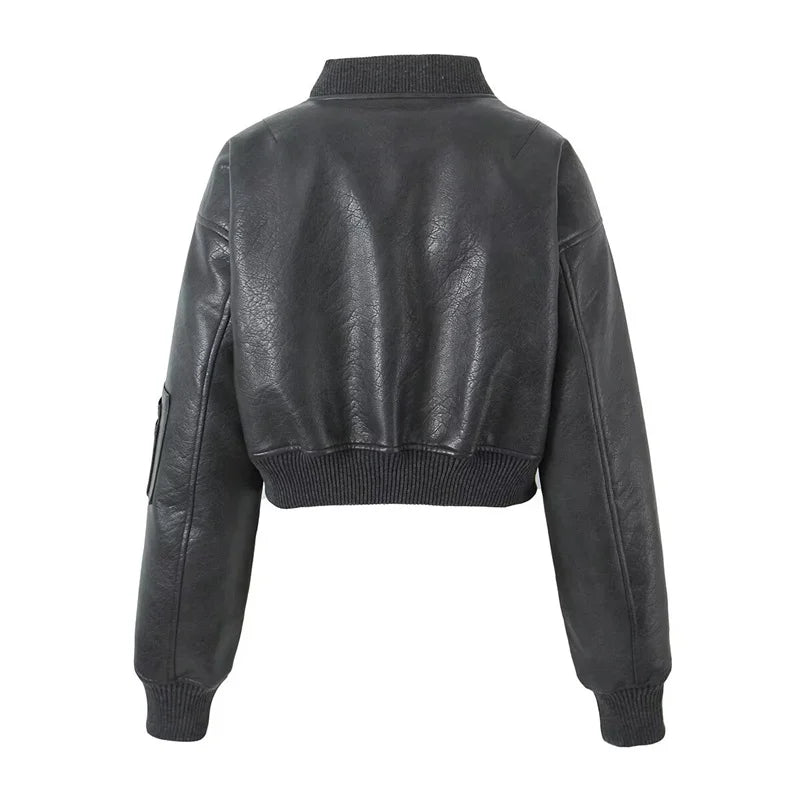 Beberino Women's Winter Padded Faux Leather Jacket, Retro Zipper Crop Top.