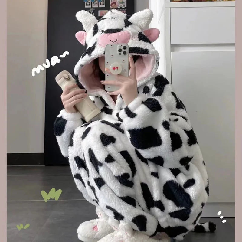 Beberino Cartoon Cow Flannel Hooded Pajama Set for Women