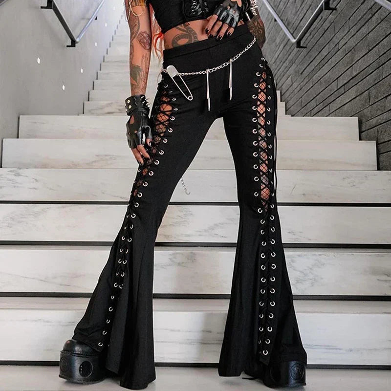 Beberino Hollow Out Bandage Flare Pants: Cyber Gothic Streetwear for Women