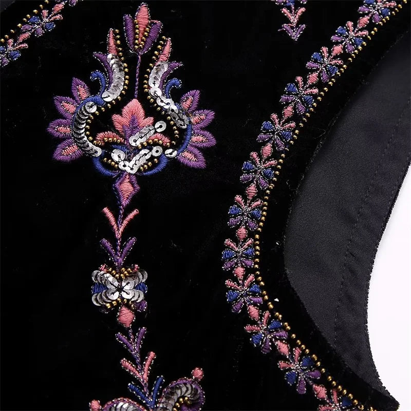 Beberino Sequined Floral Embroidery Velvet Waistcoat Vest Vintage Sleeveless Crop Top