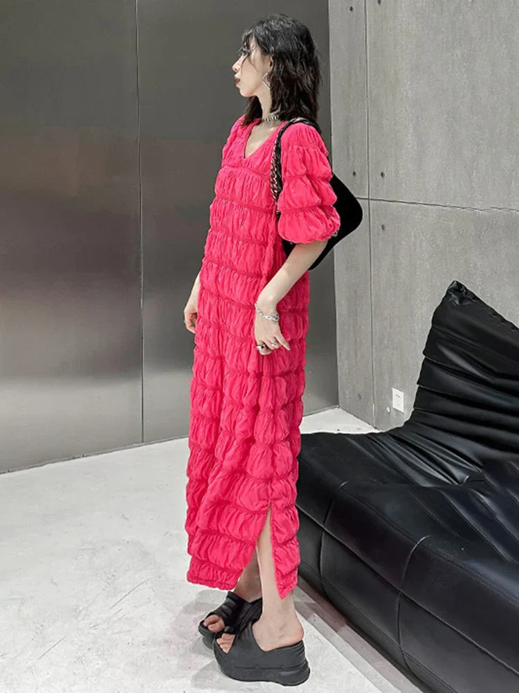 Beberino Women's Rose Red Pleated Midi Dress V-Neck Short Puff Sleeve Summer Fashion