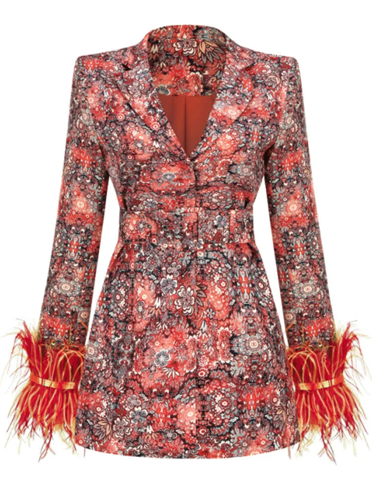 Beberino Winter Floral Blazer Dress with Ostrich Feather & V-Neck for Office Lady