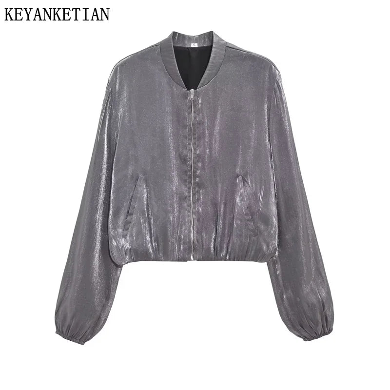 Beberino Dark Grey Metallic Silk Bomber Jacket for Women: Autumn Vintage Zip-up Crop Top