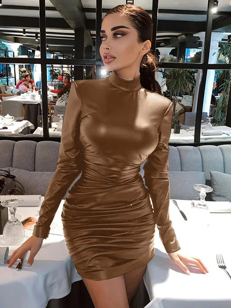 Beberino High Collar Leather Bodycon Dress for Women in Sexy Silm Style