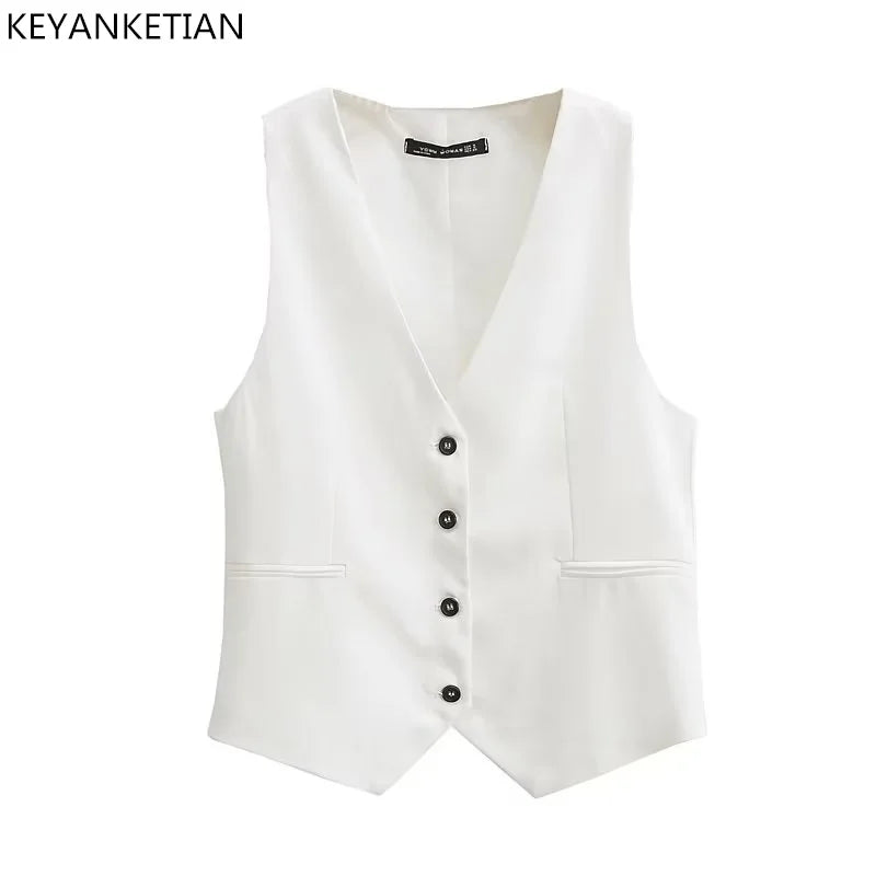 Beberino Deep V-Neck Slim White Vest, Casual Short Sleeveless Top for Women